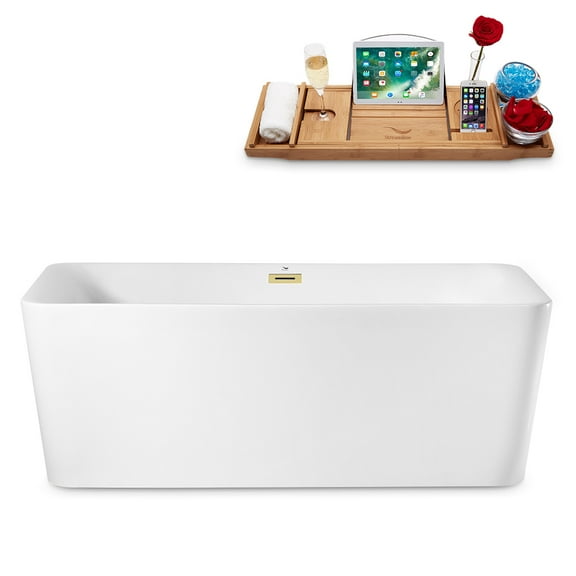 63" Streamline N682PBR Soaking Freestanding Tub and Tray With Internal Drain in Polished Brass