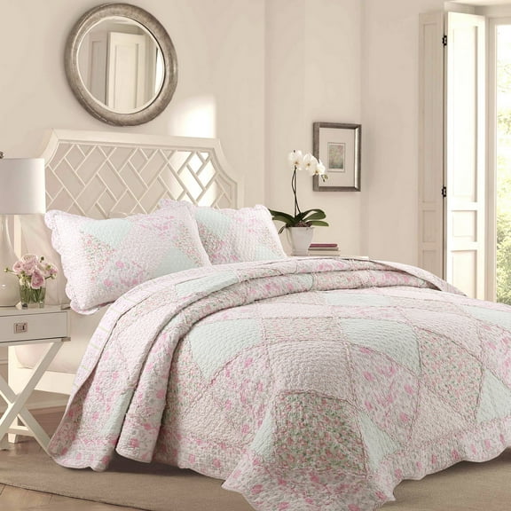 Floral Spot 100% Hypoallergenic cotton 3 piece Floral patchwork Quilt Set Bedroom Quilt Bedding King Size Pink