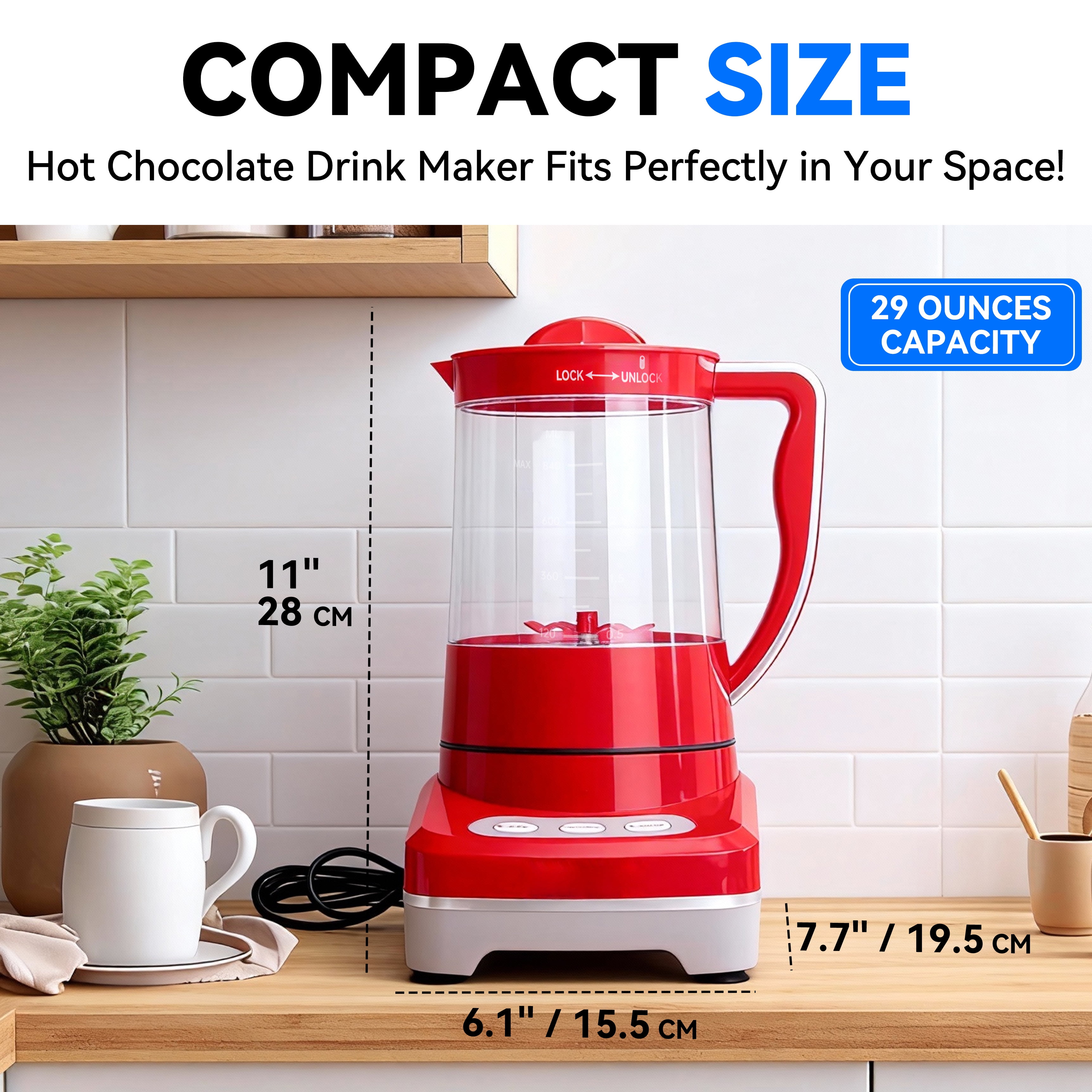 Mailand Hot Chocolate Drink Maker, 29 oz (3.5 Cups), Electric Milk Frother and Steamer, Red