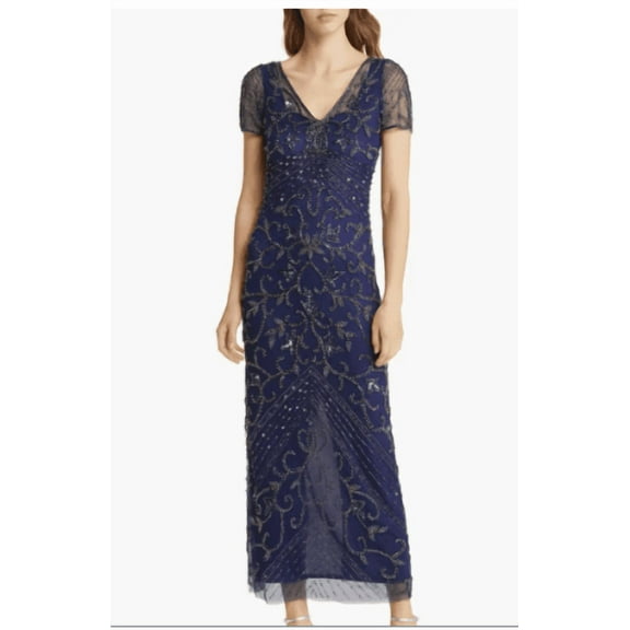 Pisarro Nights Women's Navy Beaded Mesh Column Gown , 18