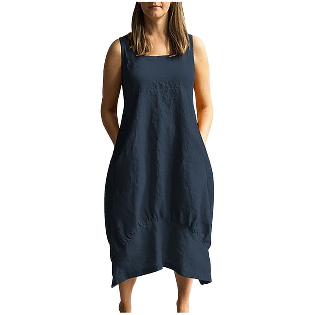 Leutsin Robe Ample d'Été en Coton pour Femme, Décontractée, à Col Rond, Unie, Sans Manches, Grande Taille