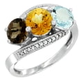 thumbnail image 1 of 14K White Gold Natural Smoky Topaz, Citrine & Aquamarine 3 stone Ring Round 6mm Diamond Accent, size 6.5, 1 of 2