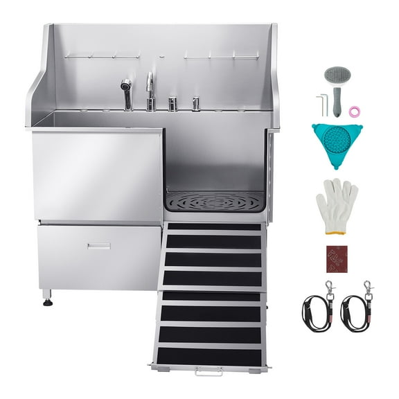 KFFKFF Stainless Steel Pet Washing Station, 50-Inch Grooming Tub with Ramp, Faucet, Showerhead, and Leash for Small, Medium, and Large Pets (Right Door)