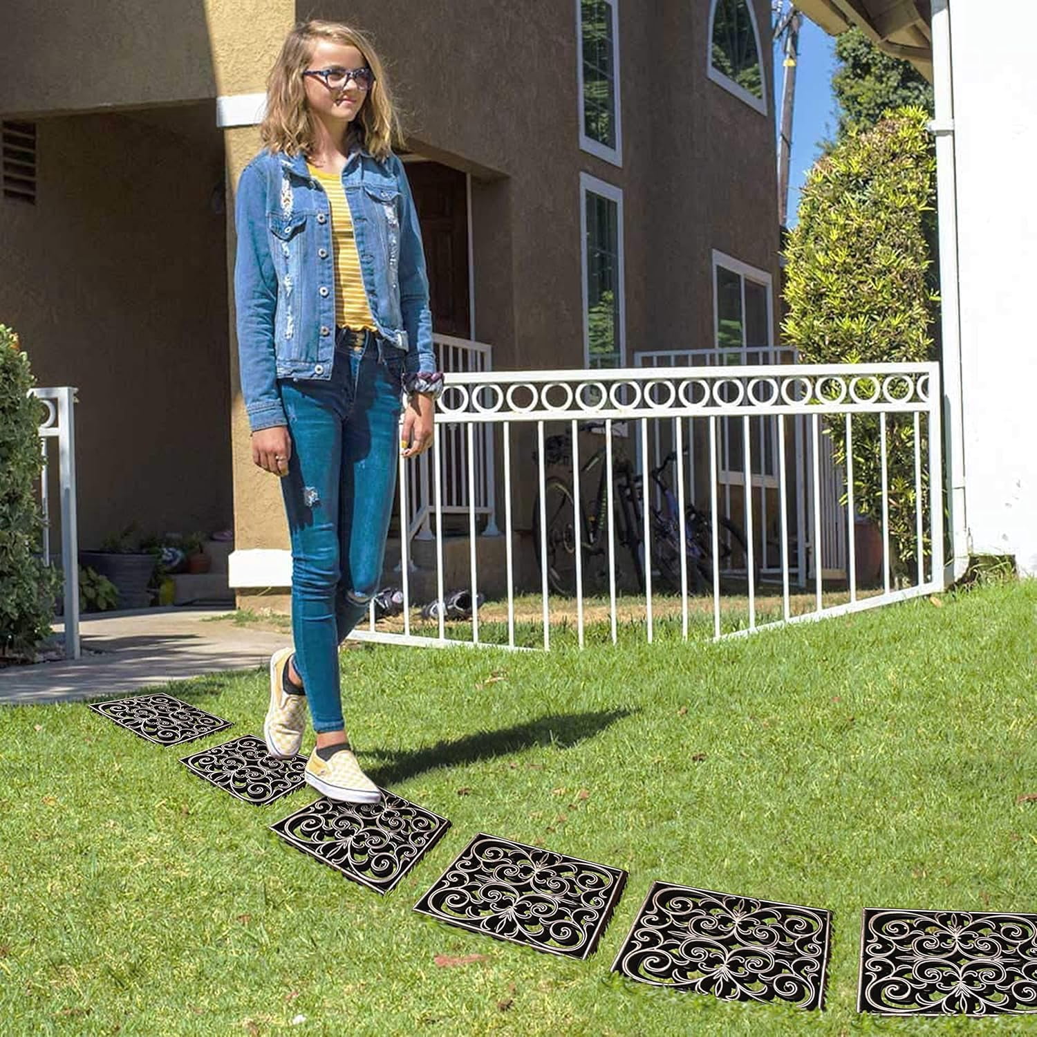 A1 Home Collections Heavy-Duty Rubber Garden Stepping Stone Mats, 12"x12", Set of 4, Paisley Square Bronze