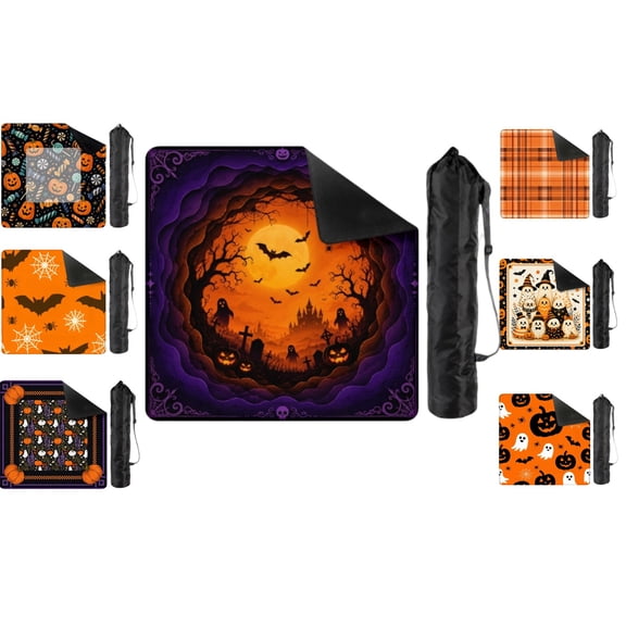 Mahjong Accessories, American Mahjong Mat, Portable Mahjong Mat with Storage Bag, Halloween Spooky Castle Bat Print for Tabletop Game Nights,31.5x31.5 Inch