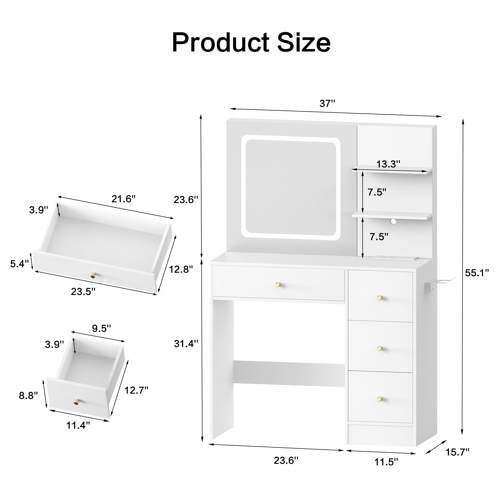 Makeup Vanity Desk with Mirror amd LED Lights, White Vanity Table with Charging Station, 3 Open Storage Shelves & 4 Drawers, Dressing Table with 3 Color Modes & Adjustable Brightness for Bedroom