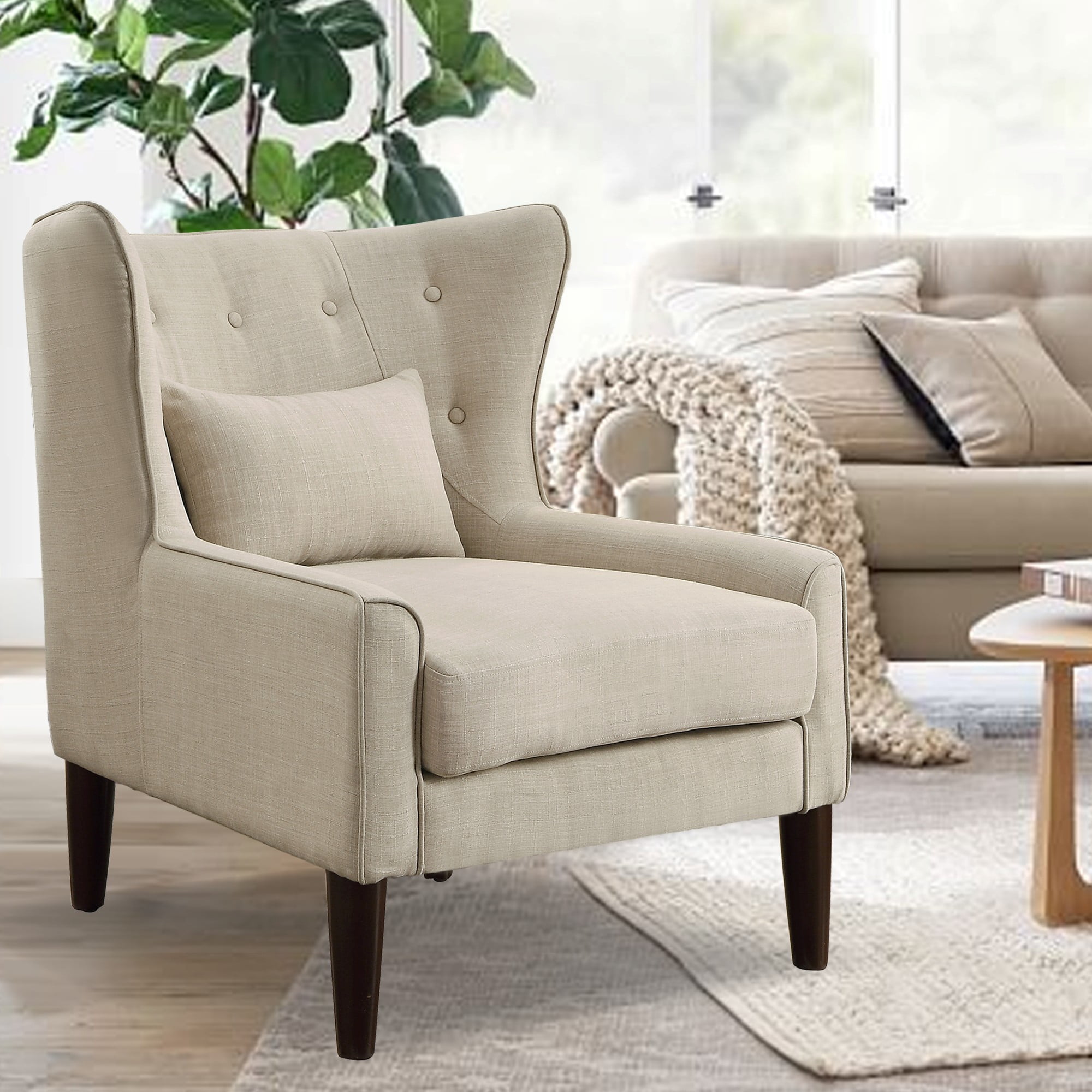 Gewnee Beige 32" Accent Chair - Solid Rubberwood Legs, Linen Fabric with Back Cushion, Suitable for Living Room & Balcony