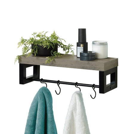 Zenna Home Wall Shelf with Towel Bar and 4 Hooks, Metal and Engineered Wood, Gray and Matte Black