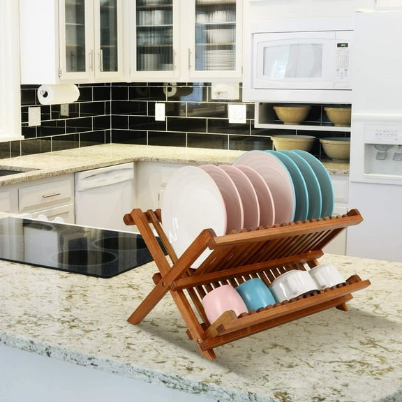 Teak Dish Drainer Rack Collapsible 2 Tier Dish Rack Dish Drying Rack Foldable Plate Organizer Holder for Kitchen Compact