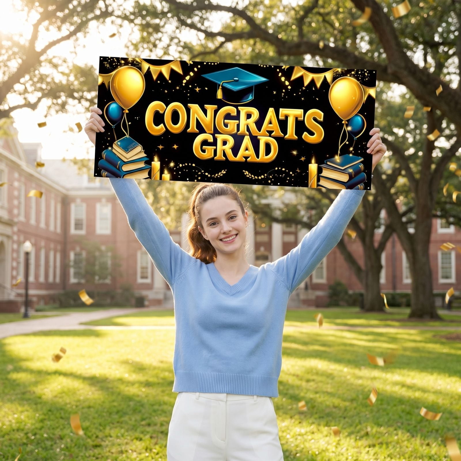 Haiamaoyi Graduation Banner Congrats Grad Large Fabric Backdrop with Balloon Print Graduation Cap and Book Pattern for Party Decorations