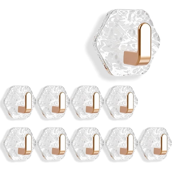 Water Ripple Hexagonal Self Adhesive Hooks, 10 Pack No Drill Wall Hooks for Bathroom Kitchen Towels Keys