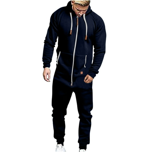 BXINGOHAI Men's Hooded Jumpsuit Zip Up One Pieces Pajamas Pullover Playsuit Jogger Sweatsuit Long Sleeve Overall Romper With Pocket Navy,XXL