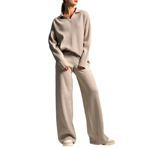 Women'S 2 Piece Outfits Sweater Set Wide Leg Pants V-Neck Sweatsuit Loungewear Khaki M