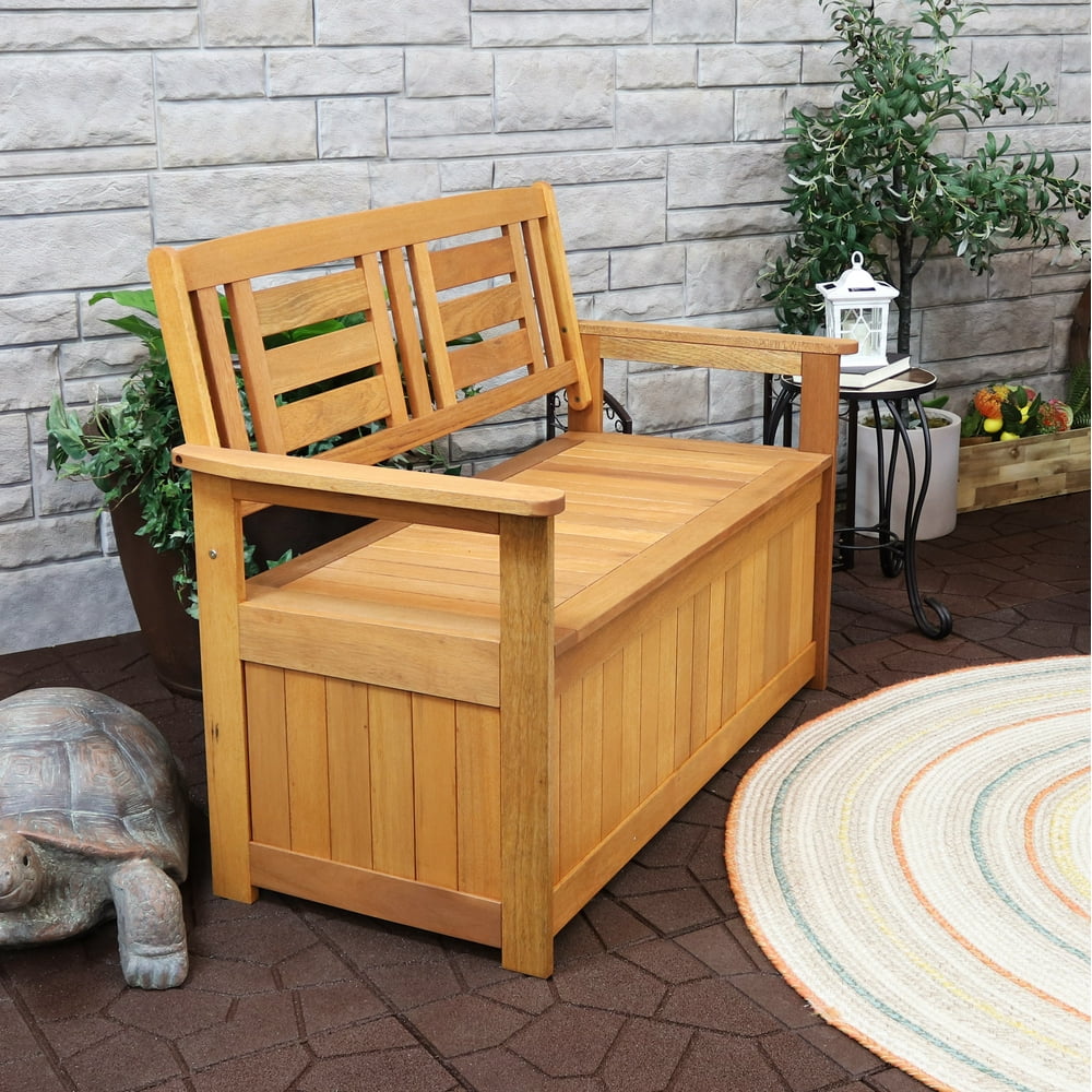 Sunnydaze Meranti Wood Outdoor Storage Bench with Teak Oil Finish Outside Furniture Seating