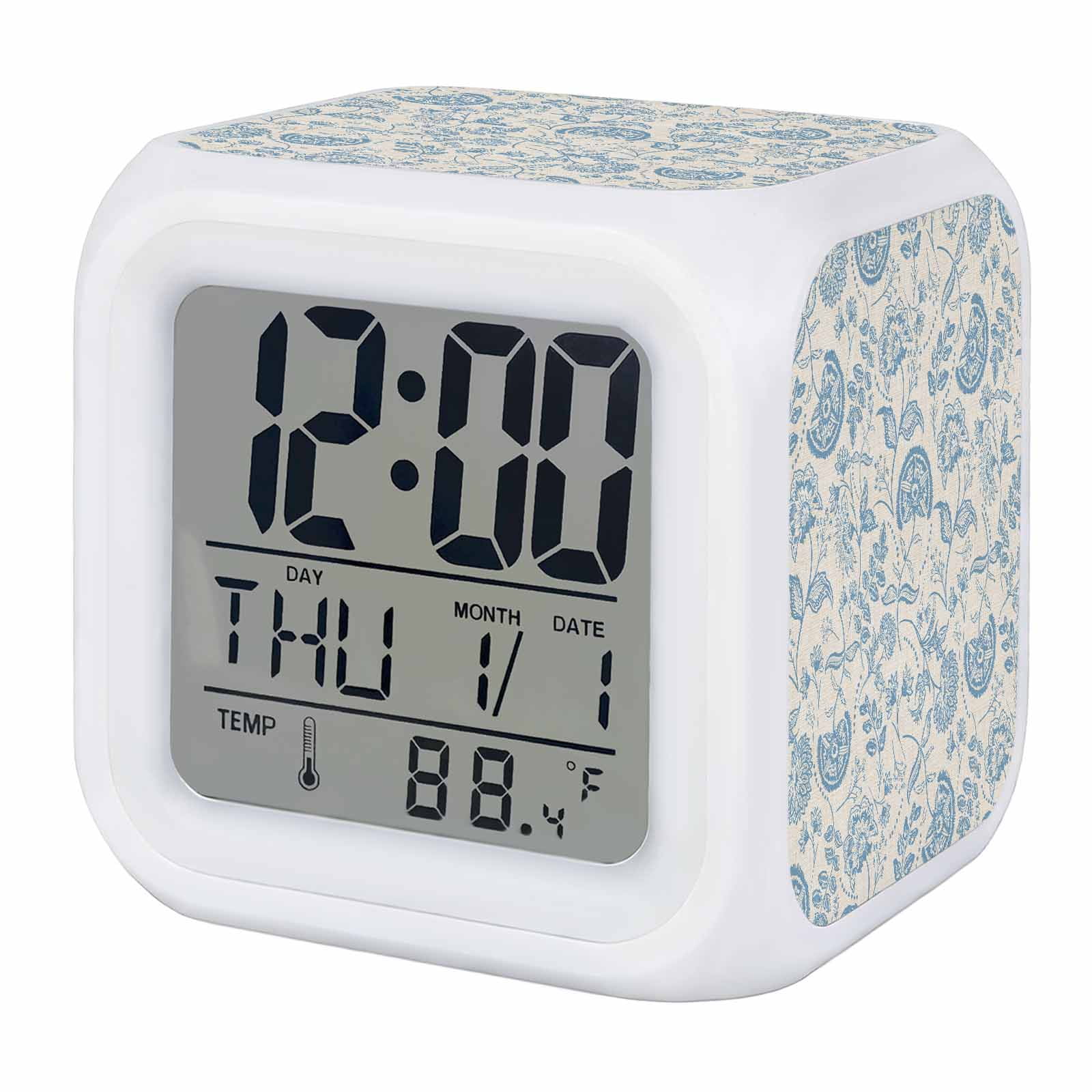 Farmhouse Light Blue Floral Alarm Clock, Linen Boho Paisley Flower Rustic Digital Clock Night Light with 7 Color, Calendar Temperature Display, LED Desk Small Clock for Bedrooms Bedside Living Room