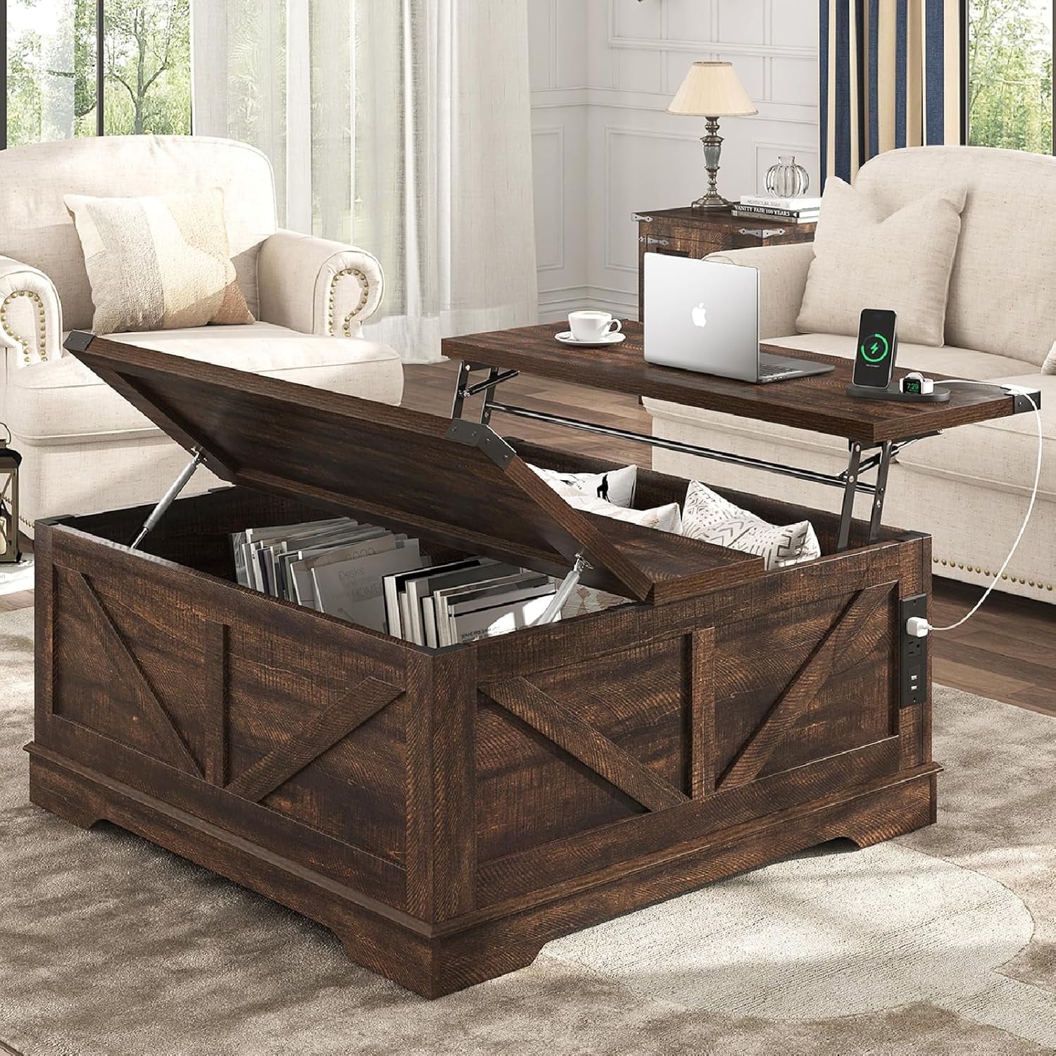 40" Large Farmhouse Lift Top Coffee Table with Power Outlets, Square Wood Living Room Table with Large Hidden Storage, Multi-Function Lift Wooden Barn Door Center Table, Brown