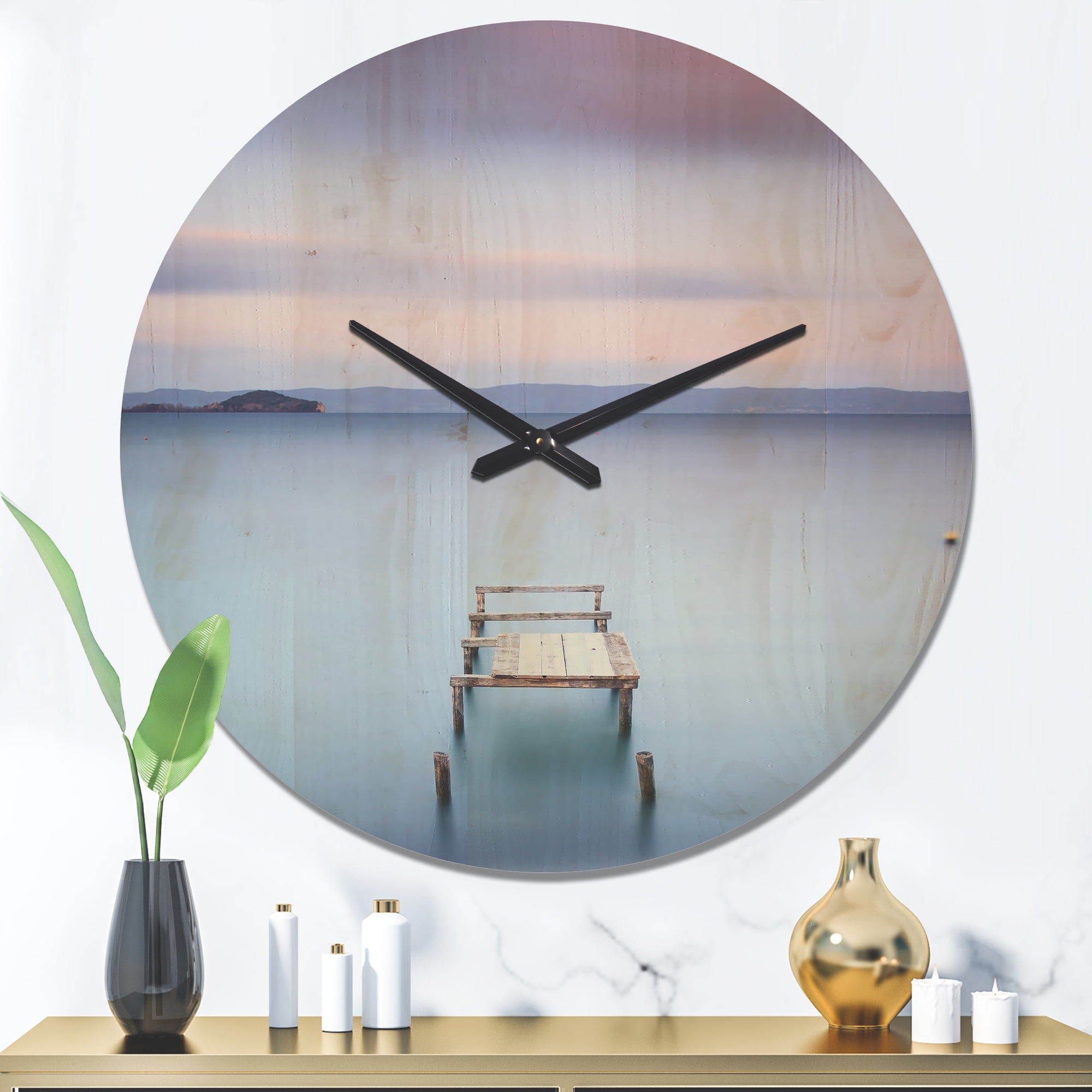 Designart 'Bright Purple Sky Over Lake' Modern Wood Wall Clock