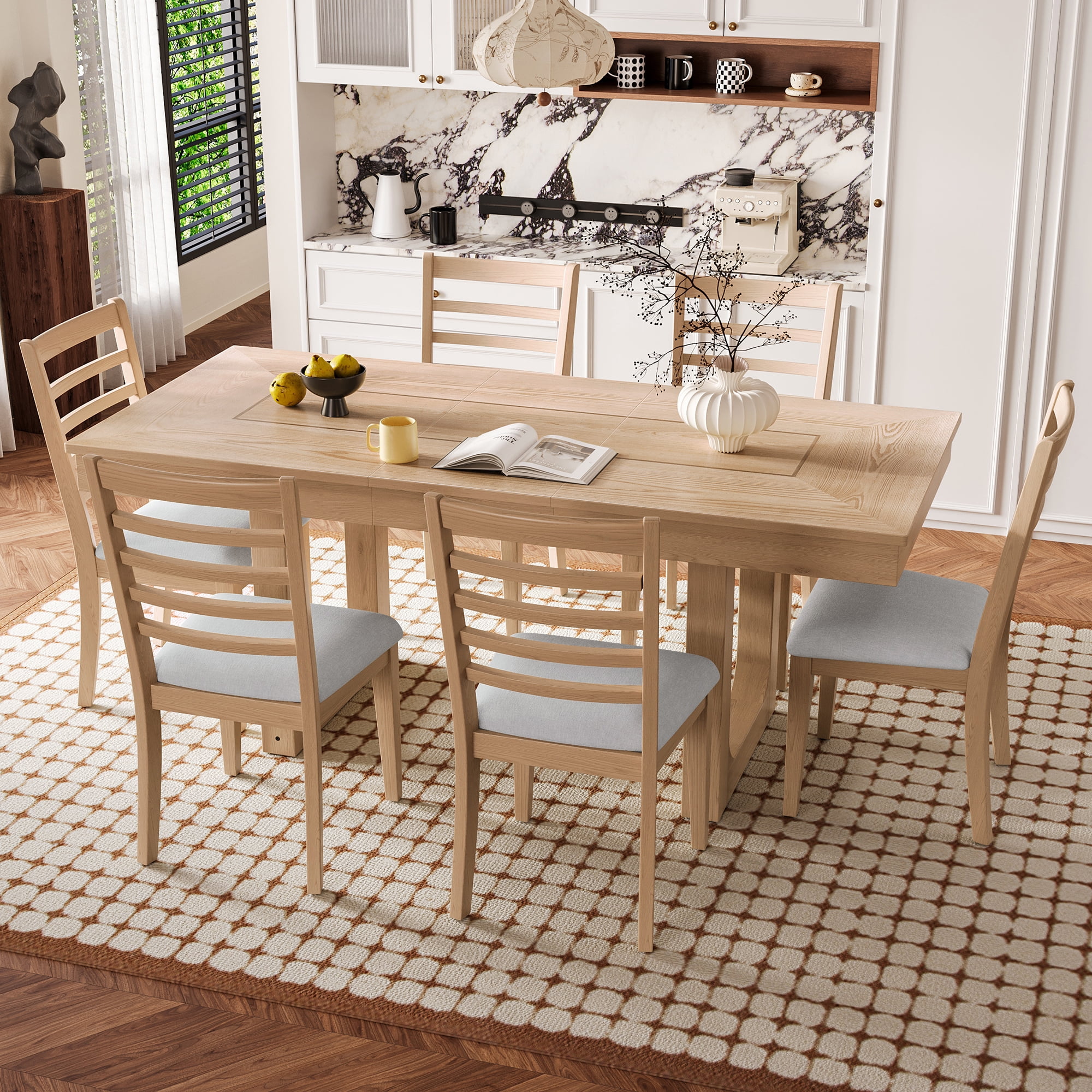 Euroco 7-Piece Wooden Dining Table Set,78" Extendable Dining Table & Chairs Set with 18" Leaf for 6-8,Farmhouse Kitchen Table Set for Dining Room,Natural