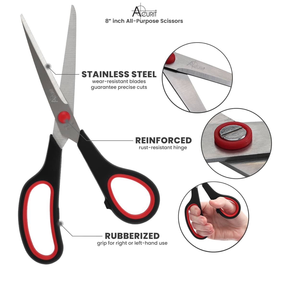 Acurit 8" Multipurpose Comfort Grip Stainless Steel Office Scissors 5 Pack - Right or Left Hand Scissors for Office Use – Rust and Wear-Resistant Blades, Precise Cuts for Mixed Media Crafts