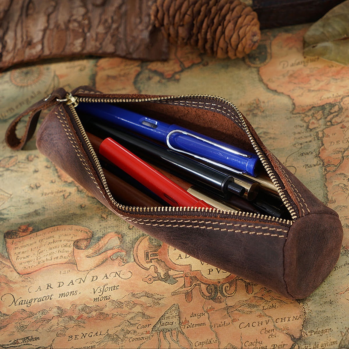 Leather pencil case, handcrafted leather pencil case with zipper, large capacity stationery storage caseCoffee color