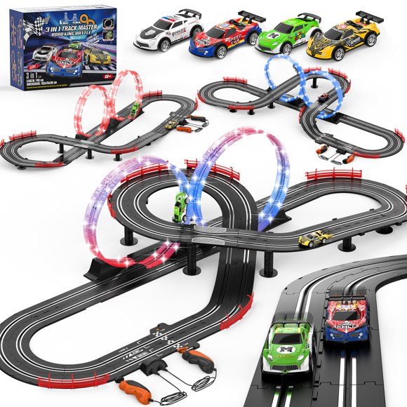 Set de pista de carreras de coches tragamonedas Fedonak 3 en 1 con 4 coches para niños