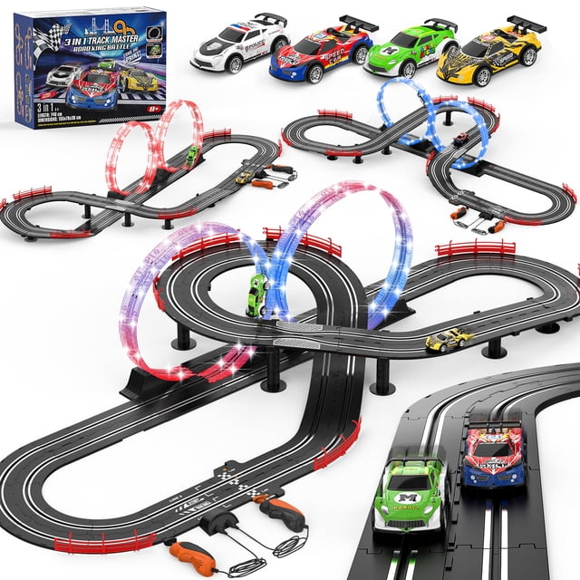 Set de pista de carreras de coches tragamonedas Fedonak 3 en 1 con 4 coches para niños