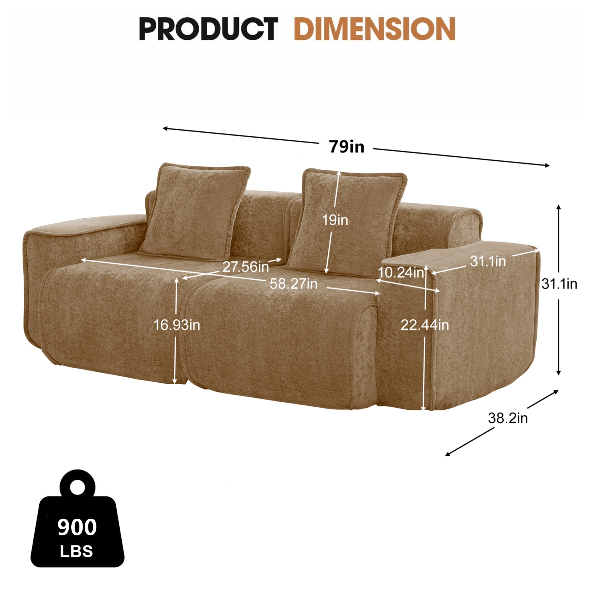 Aukfa 79" Boneless Couch Deep Seat Loveseat Cloud Sofa for Living Room Bedroom, 2 Pillows, Velvet, Brown