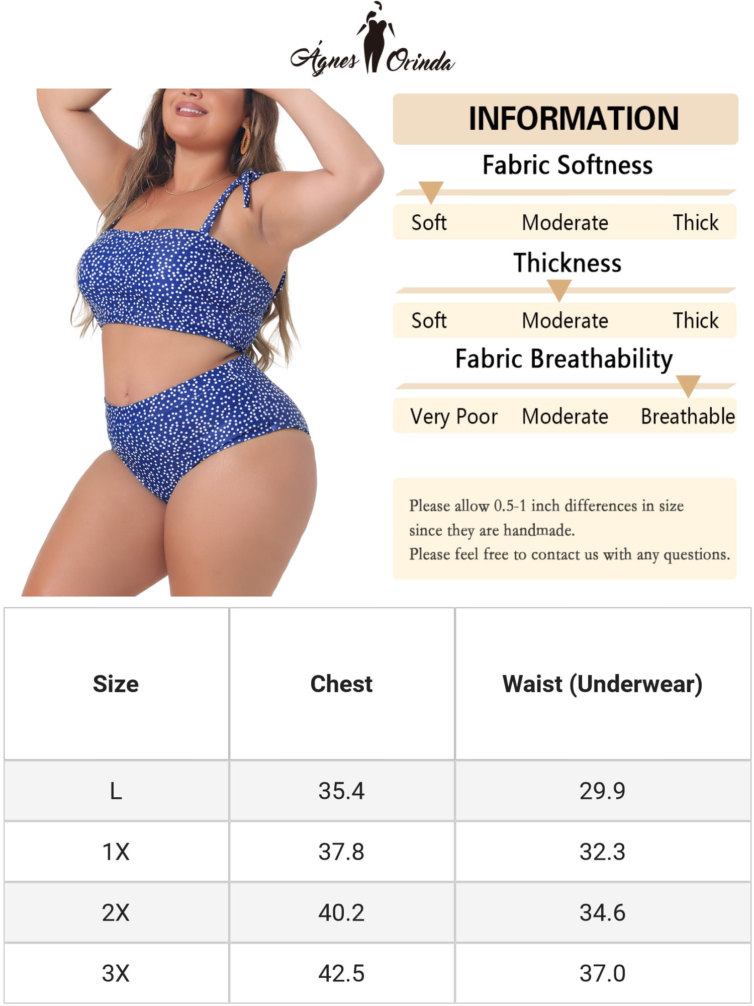 DARING DIVA Women's Plus 2pcs Polka Dots Bikini Bandeau Suits L Blue