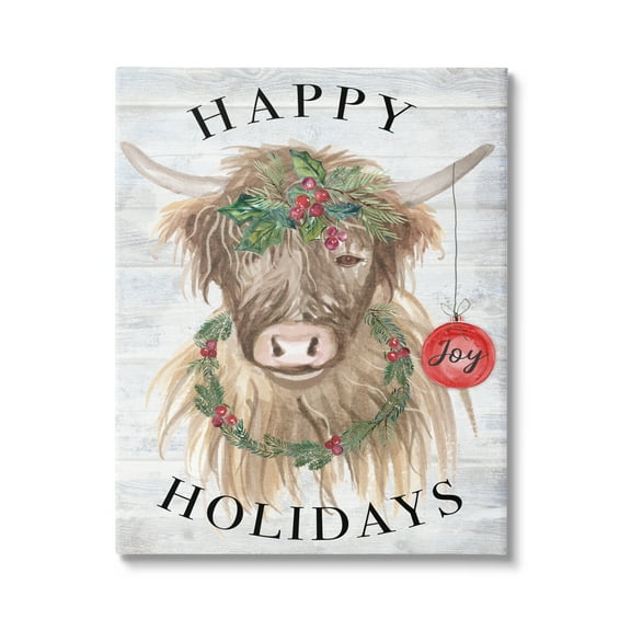 Stupell Industries Farmhouse Holiday Cow Holiday Painting Gallery Wrapped Canvas Print Wall Art, 16 x 20