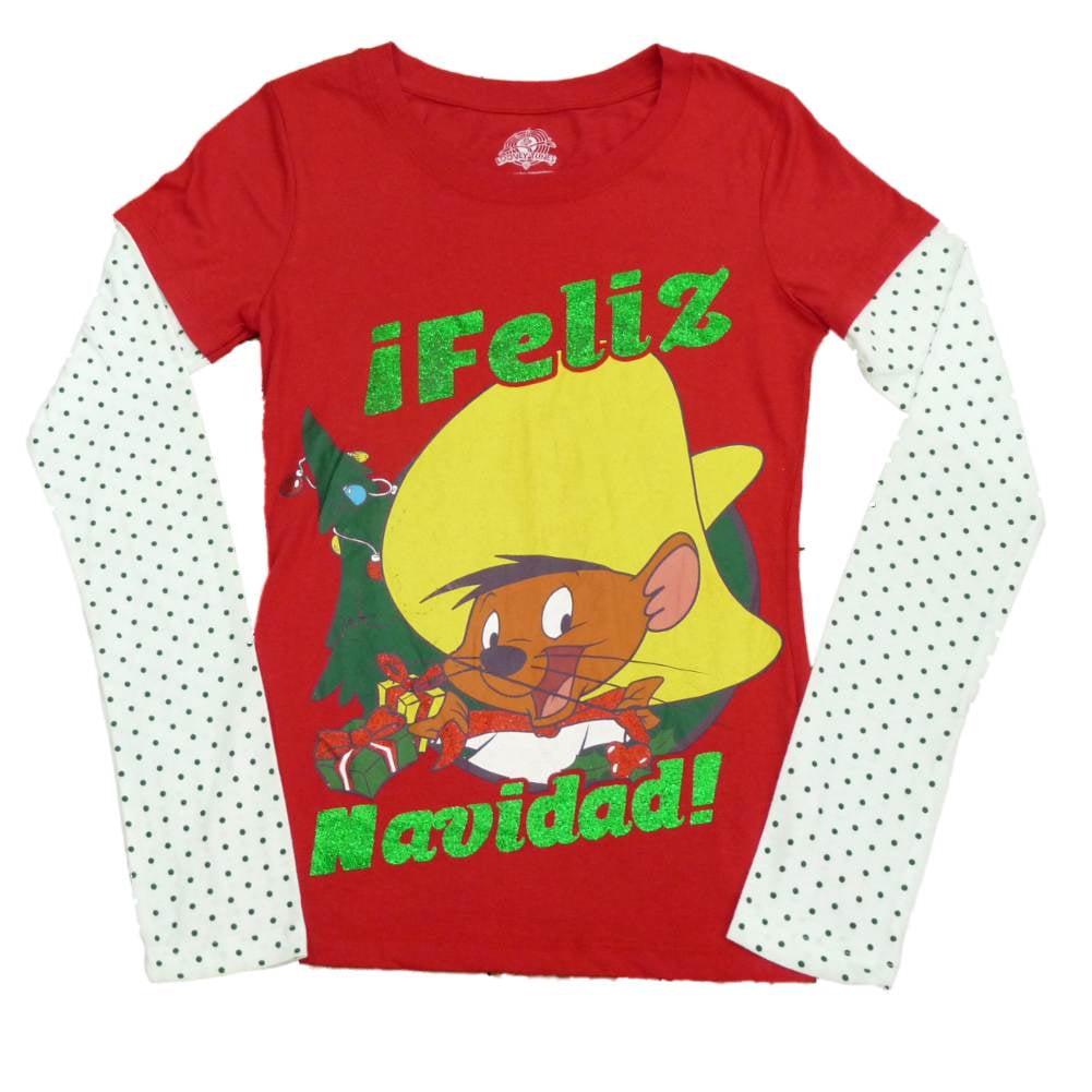 CASTELBAJAC SPEEDY GONZALES 長袖シャツ Looney Tunes Speedy Gonzales Womens Red Feliz Navidad Long Sleeve