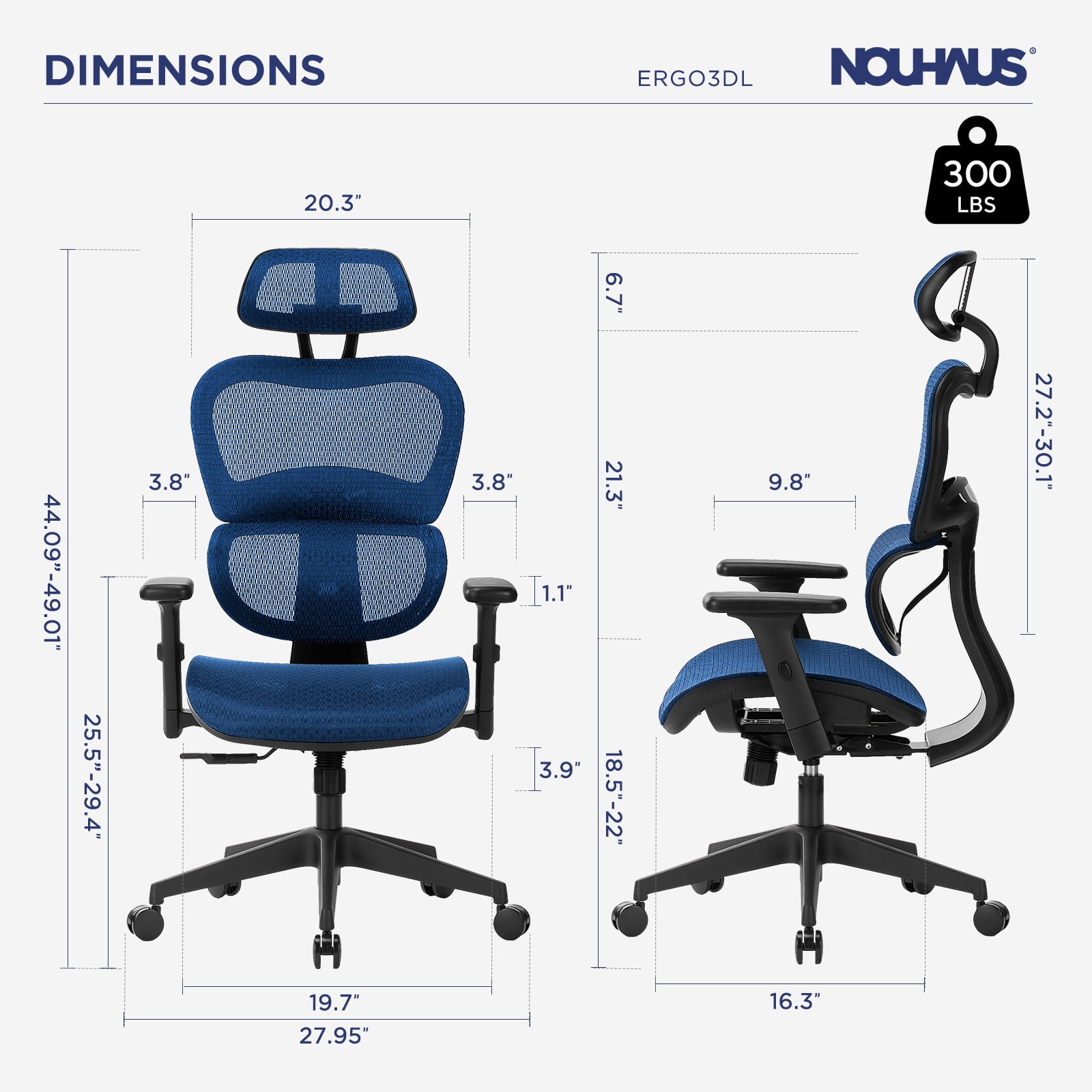 NOUHAUS Ergo3DL Ergonomic High-Back Mesh Office Chair with Adjustable Headrest, Lumbar Support, and Armrests