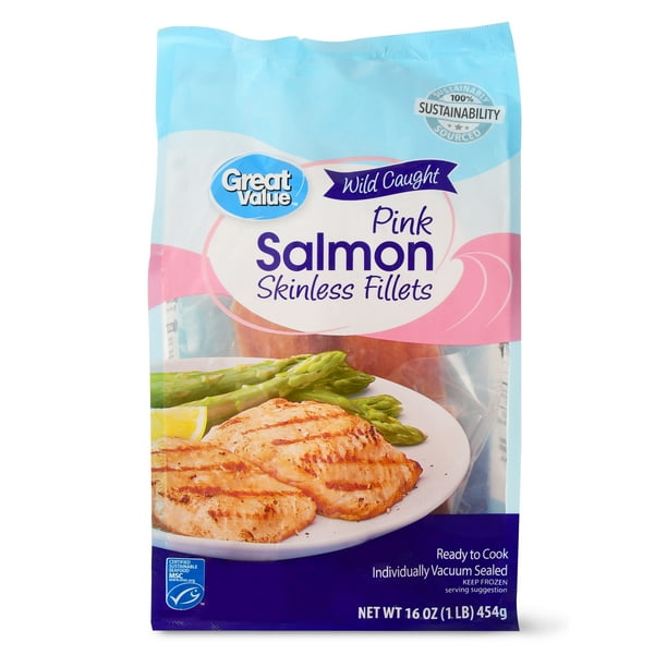 Great Value Frozen Wild Caught Pink Skinless Salmon Fillets, 1 lb