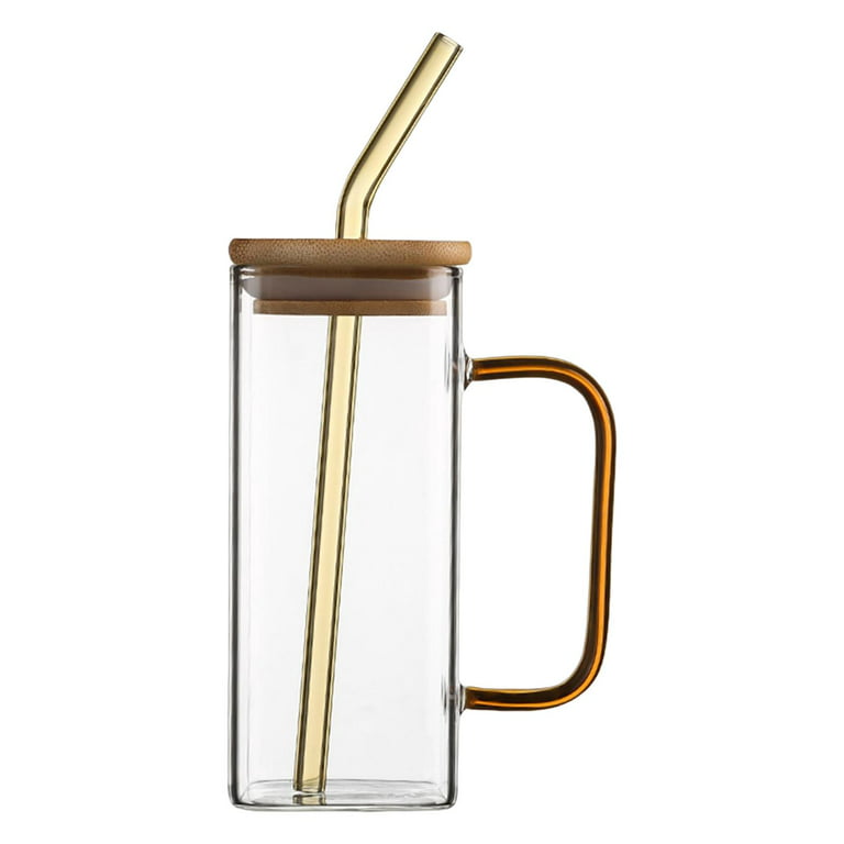 Glass Drinking Cup With Handle & Straw Glasses Mason Jar Lids Retro 400ml  Gift