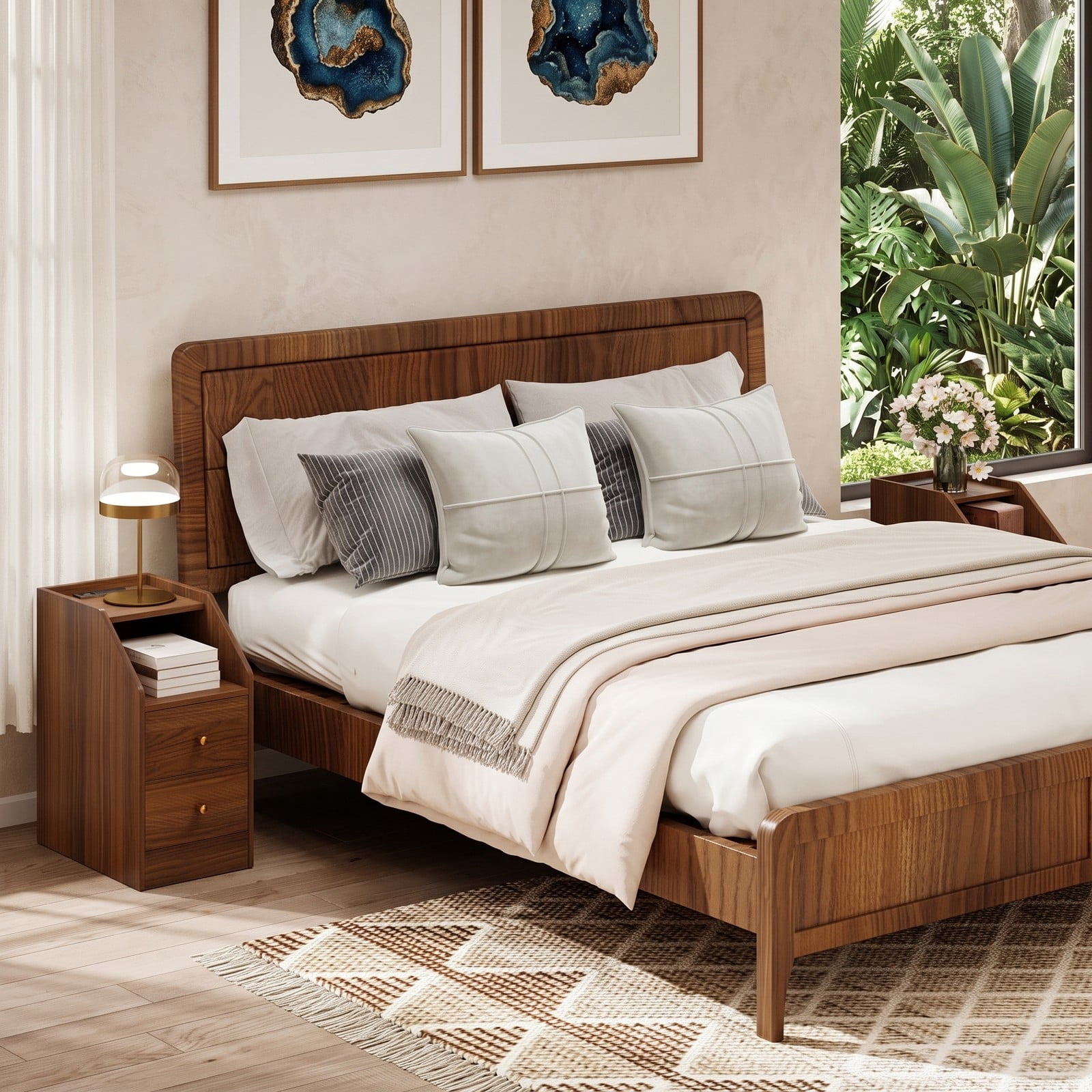 Furnibear Side End Table with Charging Station, Nightstand Sofa Couch Side Table with 2 Drawers, Open Shelf and Cable Hole for Living Room Bedroom, Walnut