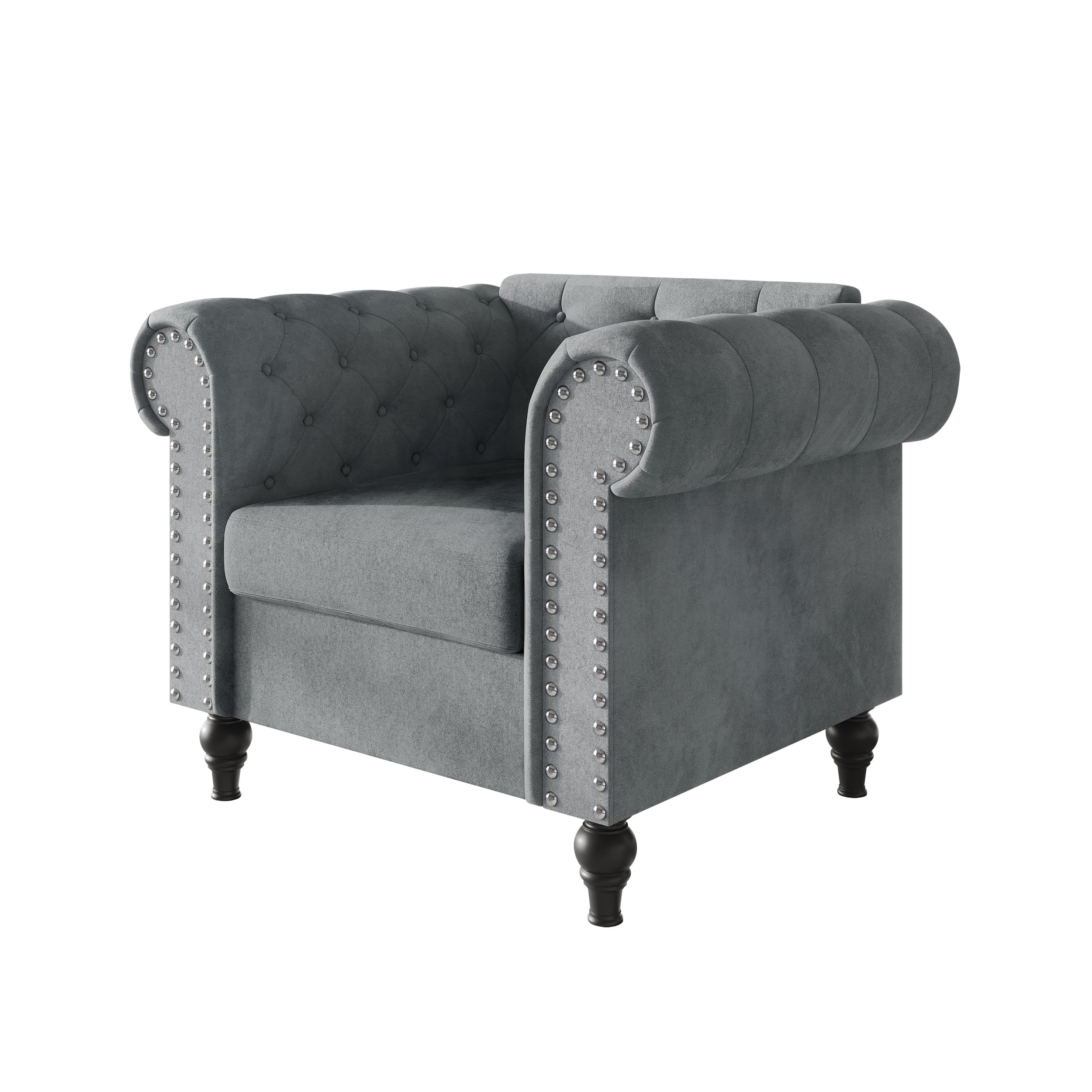 Home Design Kelso Velvet Rolled Arm Chair with Deep Button Tufting, Nailhead Trim and Turned Legs, Gray