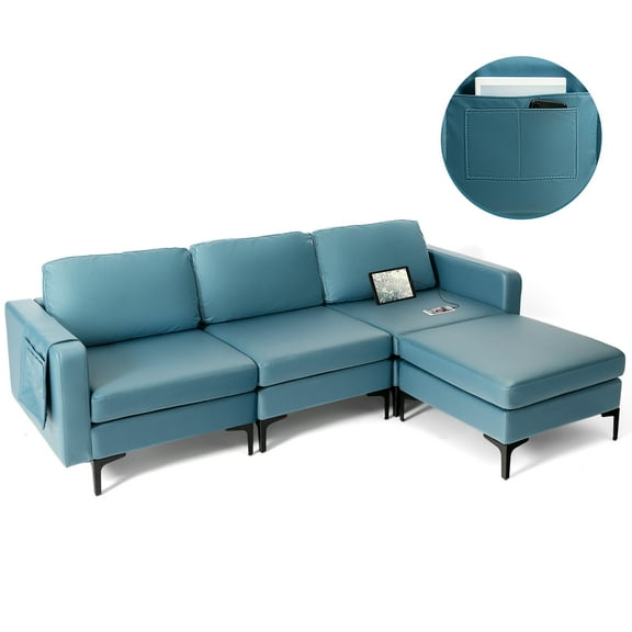 Costway Modular L-Shaped Sofa w/Reversible Chaise Lounge & 2 USB Ports Blue