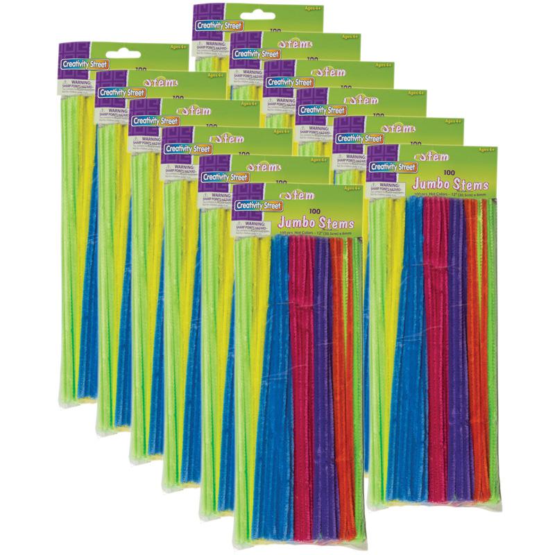 Creativity Street Jumbo Stems, Hot Assorted Colors, 12" x 6 mm, 100 Per Pack, 12 Packs