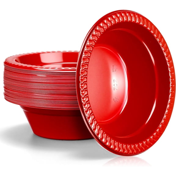 60 Pack 12oz Red Disposable Plastic Bowls Dessert, Ice Cream, Salad, Soup Serving Cups for Party, Picnic, Food Snacks (Red)