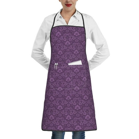 

Qekee Retro Florals Purple Print Adjustable Bib Apron Resistant with Pocket Cooking Kitchen Aprons for Women Men Server Chef Apron