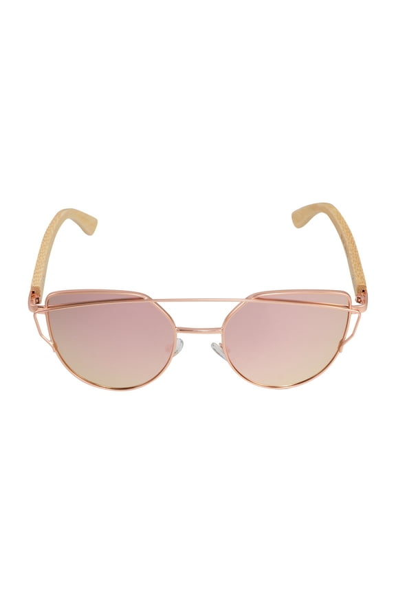 Root Fleur Di Lis Rosegold Metal Pink Mirror Lens Bamboo Temples Women's Sunglasses