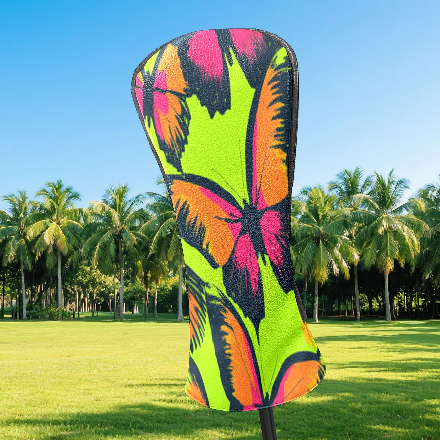 Golf Club Head Cover Waterproof Leather Golf Accessories HeadCovers Set Driver Headcover for Women Men Neon Green And Orange Butterfly Pattern