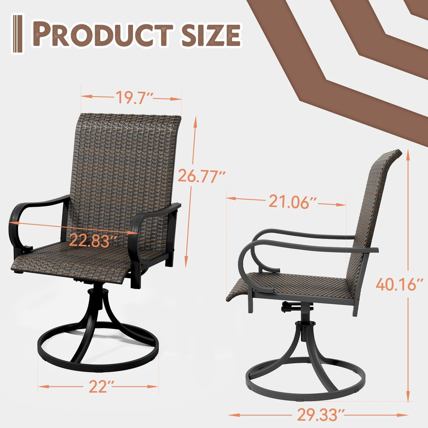 MELLCOM Patio Wicker Swivel Chair Set of 2, Heavy Duty Outdoor Dining Chairs with 26.8'' High Back, Extra-Large Water-Fall Seat, Rattan Porch Chair Gentle Rocker for Outside