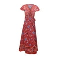 thumbnail image 2 of Vestidos de verano para mujer, vestido cruzado informal con estampado floral para vacaciones y viajes , S, Rojo, 2 of 9