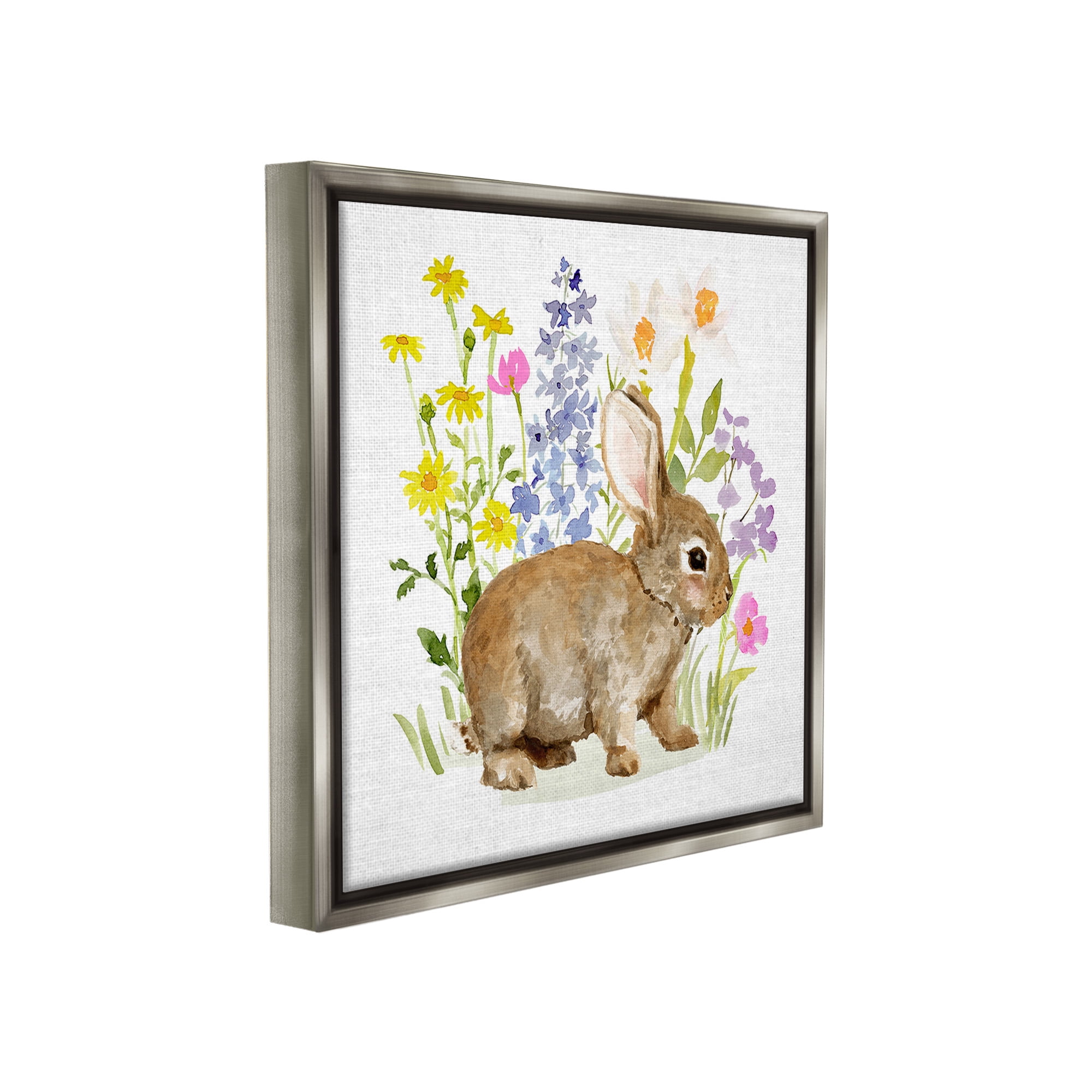 Stupell Industries Baby Bunny with Florals Animals & Insects Painting Gray Floater Framed Canvas Art Print Wall Art, 18 x 18