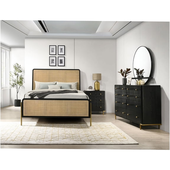 JERFIT 4-Piece Eastern King Bedroom Set with Rattan Headboard, Black and Natural Finish, Dresser, Mirror & Nightstand