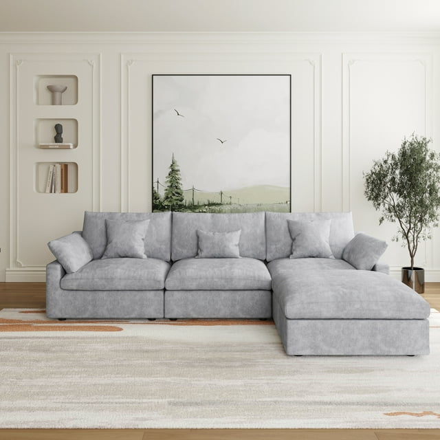 The Magic Home Canapé Sectionnel Modulaire en L en Lin à 3 Places avec Ottoman, Gris Pâle
