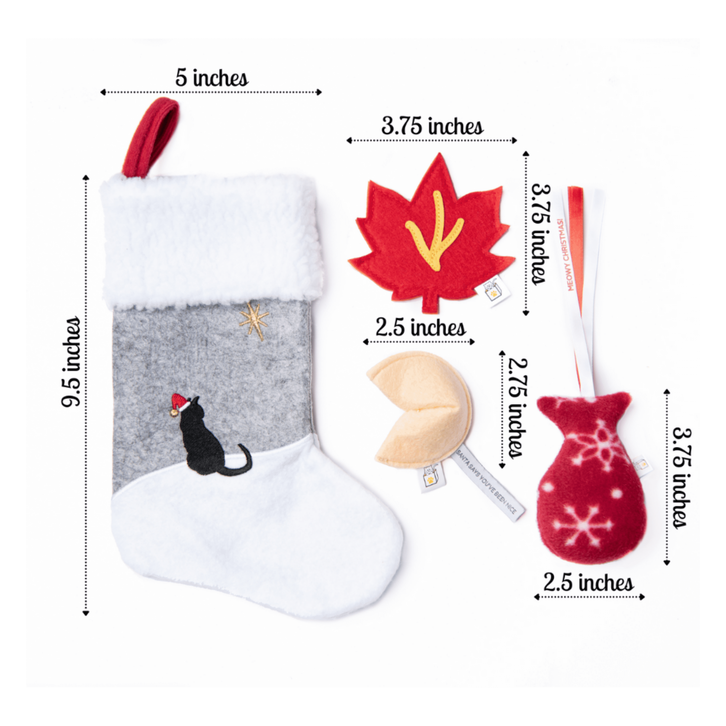 Christmas Stocking for Cats with 3 Holiday Toys, Including Fortune Cookie (with message from Santa), Fleece Fish (wishing "Meowy Christmas"), and Crinkly Fall Leaf