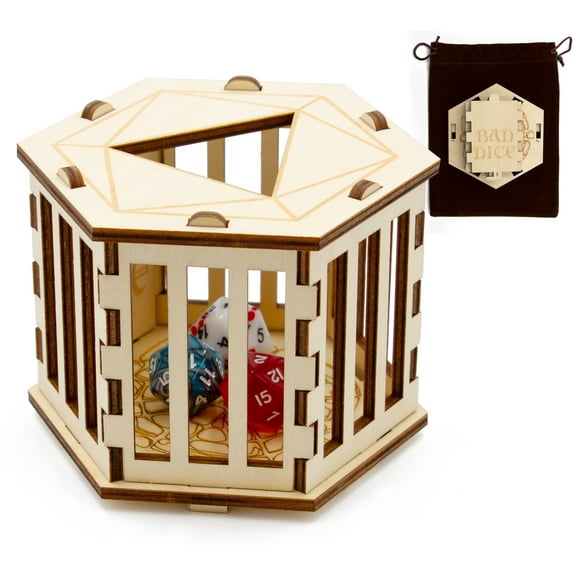 CASEMATIX DND Dice Jail for Up to 50 RPG Dice with Fabric Travel Bag - Wooden Jail Dice Cage