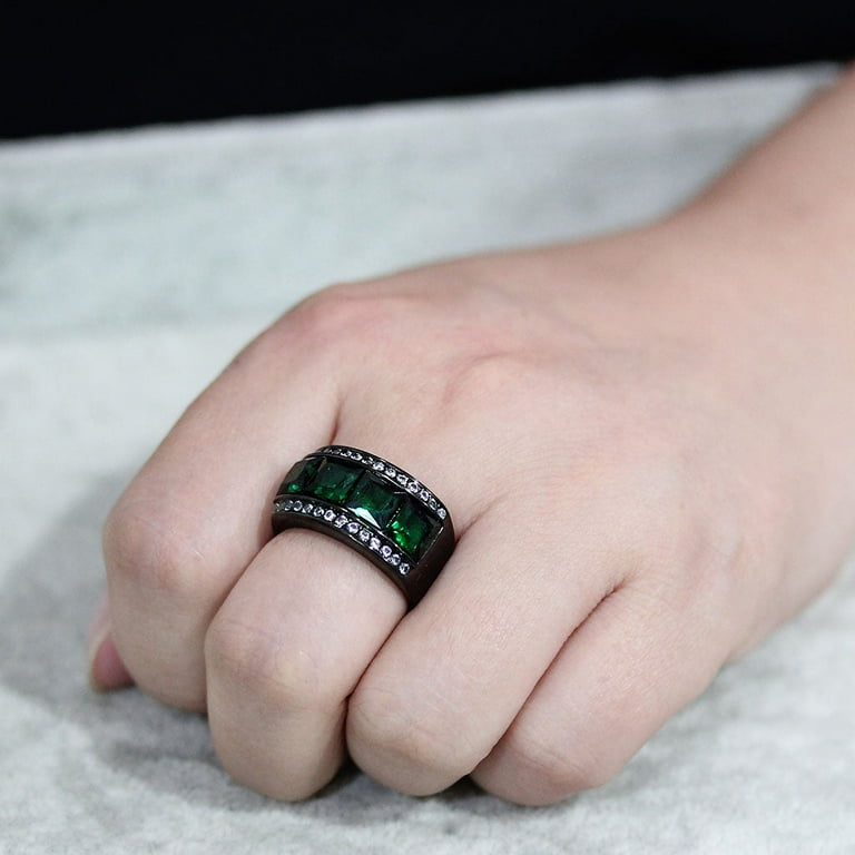 Black Stainless Steel Ring with Synthetic in Emerald for Women