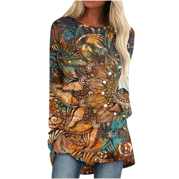 Mujeres moda casual manga larga cuello redondo tops blusa suelta camisas impresas Fridja czfsfas3235